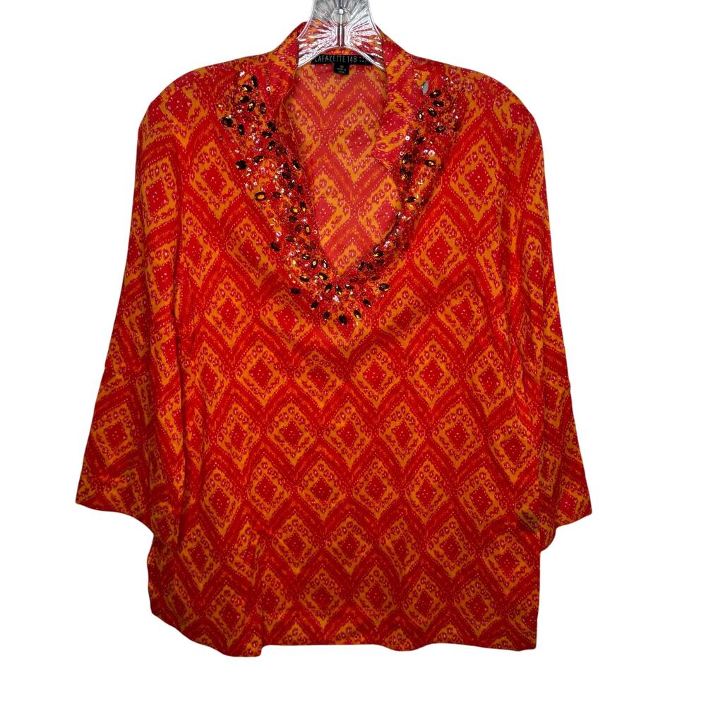 Lafayette 148 New York Beaded Embellished Cotton Tunic Top Orange Red Size 10